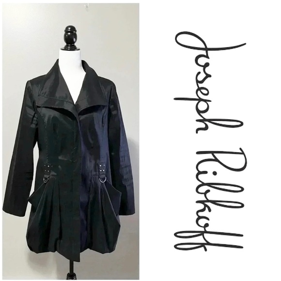 Joseph Ribkoff Y2K Trench coat Bubble hem Mobwife Oversized pockets Black Sz 12 - Picture 1 of 14